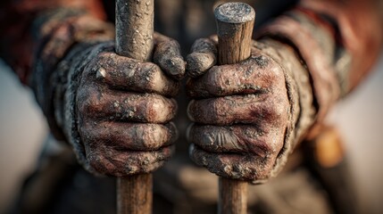 Hands hold wooden tools at a work site during the day in a construction area with focused labor on tasks