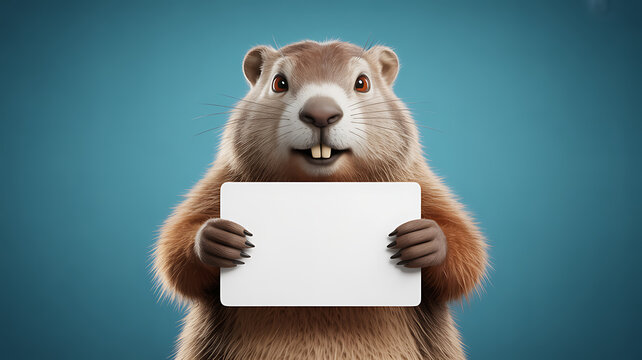 A charming 3d illustration of a gopher holding a blank white sign on a blue background for advertising or messaging purposes with copy space