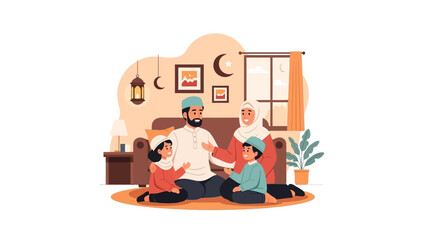 Fototapeta premium Muslim Family Celebrating Ramadan at Home with Father and Children.