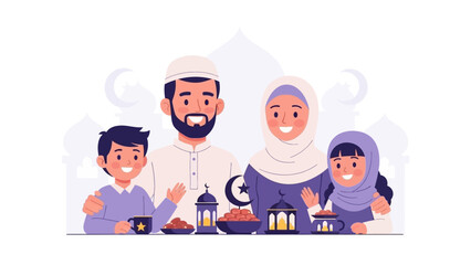 Muslim Family Celebrating Ramadan with Traditional Food and Lanterns.