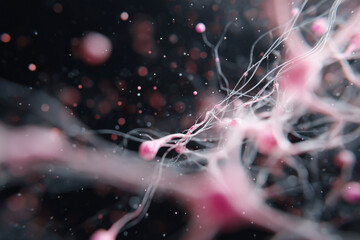 Pink and white spheres are floating in the air, creating a sense of movement