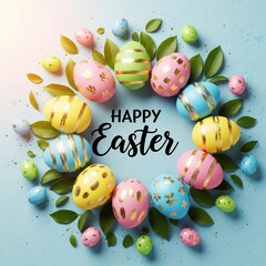 Happy Easter Greeting with Decorated Eggs and Green Leaves Arranged in a Circle image photo