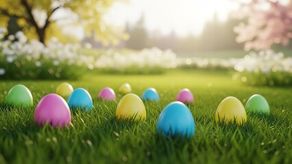 Colorful Easter Eggs Scattered on Lush Green Grass in a Sunny Meadow spring