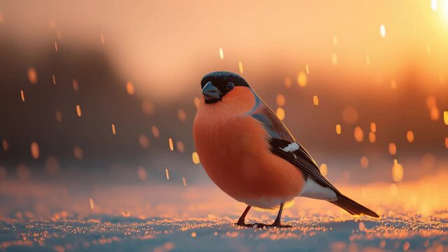 Bright bullfinch standing on snow at golden sunrise, soft winter light and falling flakes creating a calm nature scene with beauty, contrast, and seasonal mood