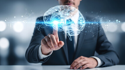 businessman touching virtual screen