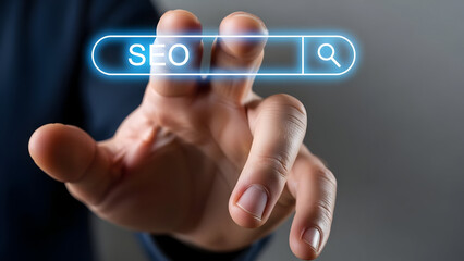 hand interacting with search bar hologram, glowing text “SEO”, minimal background