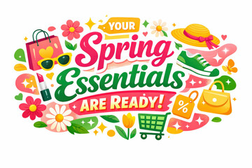 Spring Essentials Banner. Modern flat holiday banner design, vibrant spring lifestyle campaign banner promoting core items for the