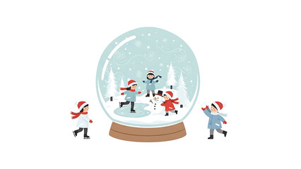 Naklejka premium Children playing in a snow globe with snowman isolated on a transparent background