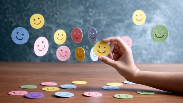 Hand choosing happy smile face paper cut, good feedback rating and positive customer review, mental health assessment, child wellness,world mental health day, think positive, compliment day concept me