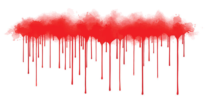 A red watercolor stain with long drips against a white background