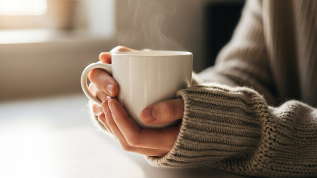 cozy scene of person wearing warm knitted sweater holding steaming white mug full of hot beverage soothing comforting feeling indoors natural light