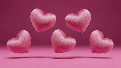 Fototapeta premium Five textured fuzzy pink heart shapes suspended mid air above bright crimson floor casting dark distinct shadows