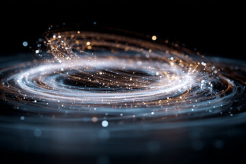 A swirling galaxy of stars and dust is depicted in a black and white photo