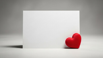 Small red heart resting beside blank white paper card on light gray surface for valentines day message or romantic wedding invitation mockup with elegant shadows and minimalist professional style
