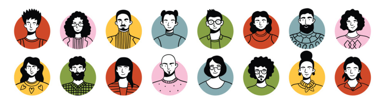 Set of various avatars. Male and female userpics, hand drawn doodle style, black and white on bright circles. Abstract avatars on round shapes, diverse persons portraits. Isolated circles on white.