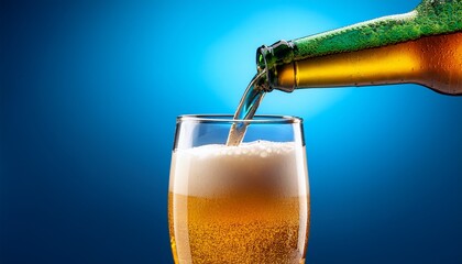 A Bottle Pouring Beer With Foam Into A Glass On A Blue Gradient Perfect For Brewery Promotions Bar Menu Graphics And Refreshing Beverage Photography