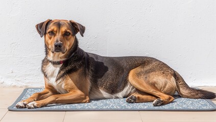 Obraz premium Dog Resting on a Mat by a Wall in a Bright Indoor Space During Daylight Hours