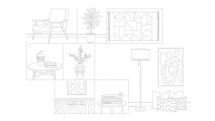 Line art collection showcasing various elements of modern interior design including seating furniture area rugs abstract wall art and decorative potted plants for home decor concepts