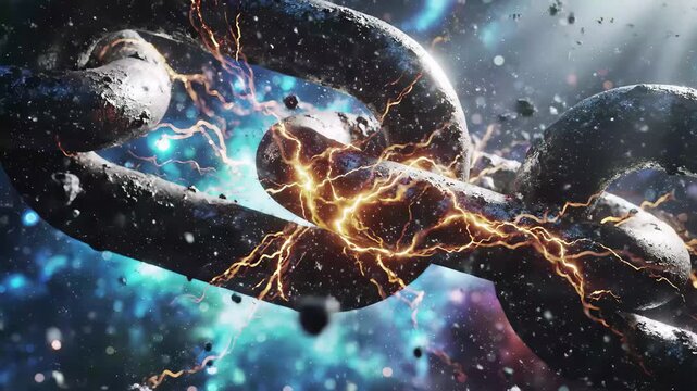 Closeup of a heavy, dark metal chain link breaking apart with intense orange electrical energy and cosmic blue background effects