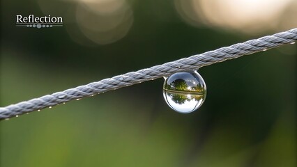 Close-up of a water droplet reflecting the surrounding environment on a rope.