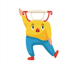 Fototapeta premium A cheerful orange character sailing in a yellow spoon shaped boat