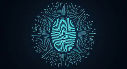A futuristic digital fingerprint with circuit board lines on a dark background for cybersecurity concepts