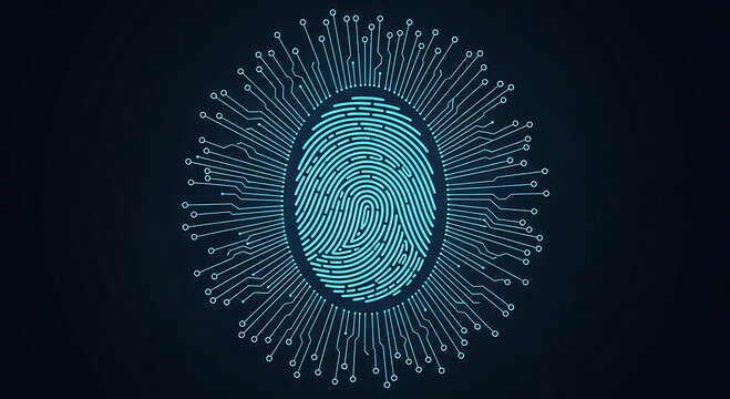 A futuristic digital fingerprint with circuit board lines on a dark background for cybersecurity concepts - Powered by Adobe
