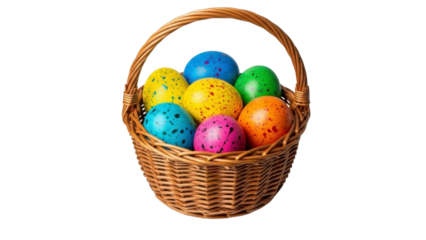 Vibrant Easter Eggs in Wicker Basket on Transparent PNG Image