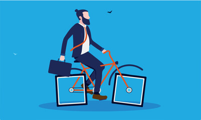 Slow business - Stupid businessman riding bike with rectangular wheels. Inefficient business and humor concept. Vector illustration