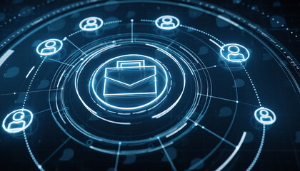 Digital briefcase symbol surrounded by connections symbolizing opportunities and networking. Illustrates career and job-related concepts in technology and data transfer