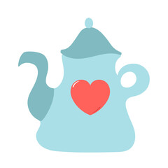 A teapot with a red heart. Flat style.