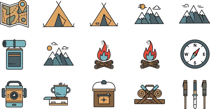 Collection of fifteen stylized line art icons representing essential outdoor camping and adventure gear including maps tents compasses fires and survival tools perfect for travel illustrations