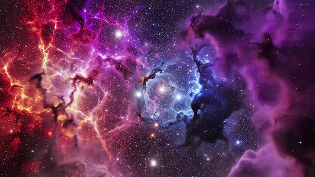 Vibrant cosmic nebula with red, purple, and blue gas clouds and distant stars