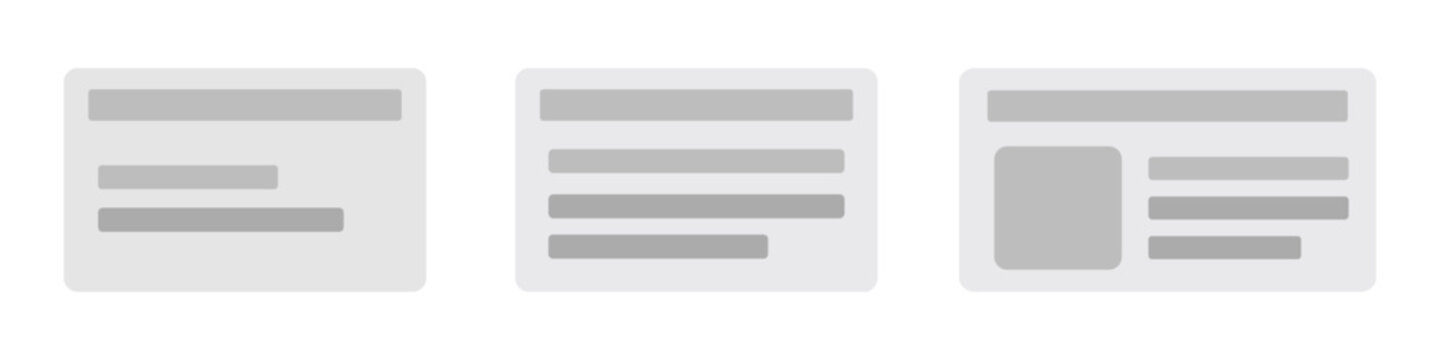 Skeleton loading card UI placeholders showing three dashboard layouts, Image and text line preload in gray tones for SaaS dashboards, web apps, mobile interfaces, and content preload states