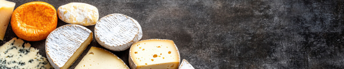 Assorted gourmet cheeses on dark slate background with copy space
