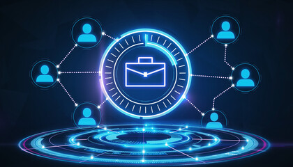 Business network connection, digital abstract representation of teamwork and career opportunity. This image uses futuristic graphic elements to represent networking, employment, and business