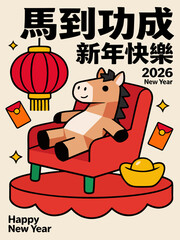 2026 Horse Year Cartoon. Vector illustrations of Chinese New Year designs for 2026, Year of the Horse. Lanterns, horse, and traditional elements for prints and cards