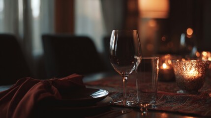 Elegant dinner table setting with warm lighting, candles, and a cozy ambiance in a softly lit room.