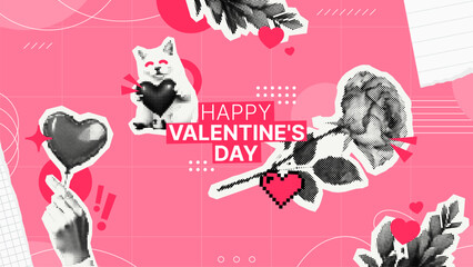 Happy Valentines Day greeting card design with cat, hand holding heart balloon, and rose. Modern halftone pop art illustration for romantic celebration.
