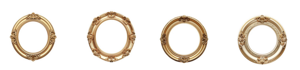 Four ornate golden oval frames arranged in a row detailed with floral patterns on transparent background