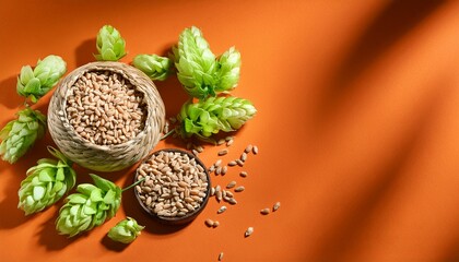 Barley Grains And Green Hop Cones On Orange Background
