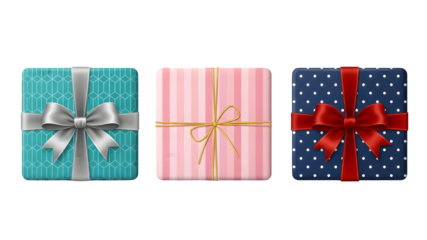 Three colorful wrapped gifts isolated on transparent background