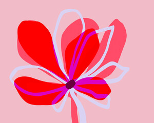 Bright cheery flower art drawing with red pink and pale blue colors