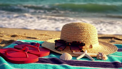 Summer beach essentials straw hat, sunglasses, red flip flops, seashells on towel by the ocean