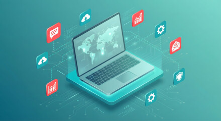 Isometric laptop displaying a world map with surrounding digital icons