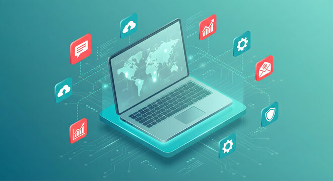 Isometric laptop displaying a world map with surrounding digital icons - Powered by Adobe