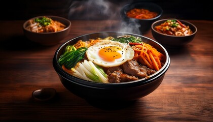 Animated Korean Meal Steaming Bibimbap With Side Dishes On A Wooden Table