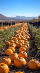 Pumpkin patch bustling with visitors on a sunny autumn day