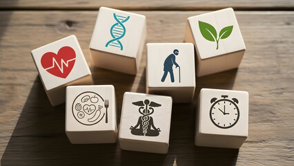 Healthcare Elements Cubes: A collection of wooden blocks displays health-related symbols, conveying key concepts. This conceptual arrangement captures the essence of well-being, longevity.
