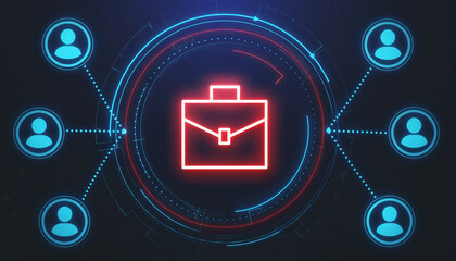 Abstract graphic featuring a briefcase icon surrounded by user profiles, symbolizing connections and career